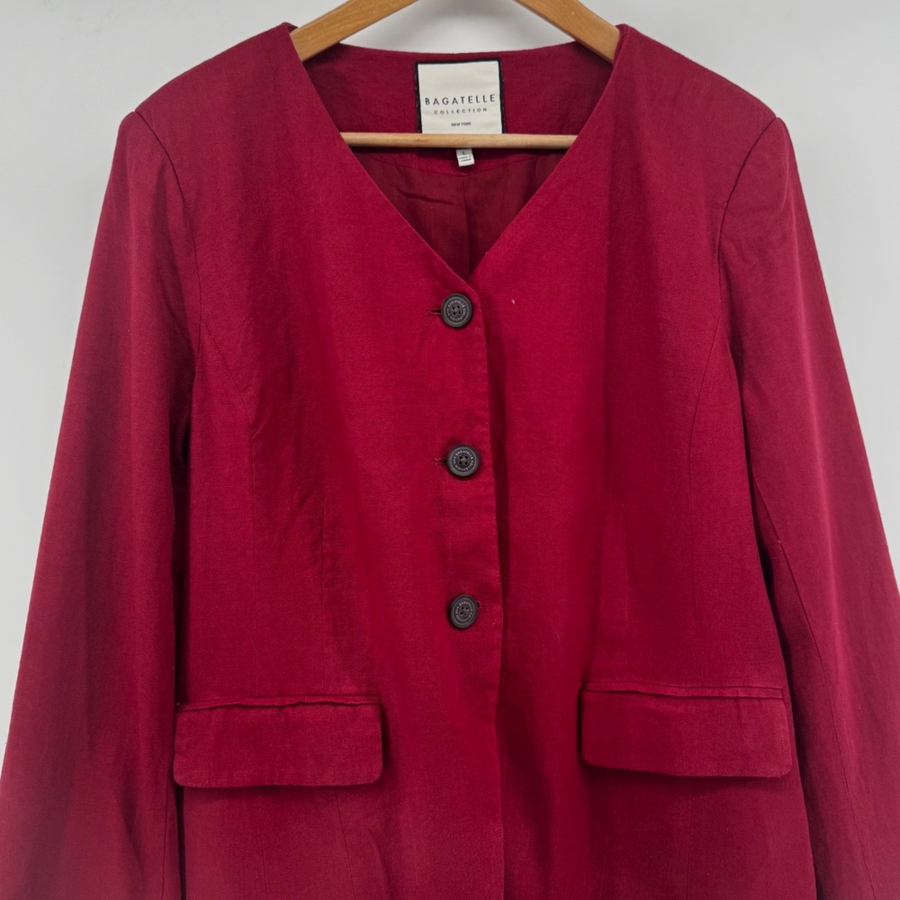 Bagatelle Collection Dark Red Linen Blend Collarless Blazer Jacket Womens L